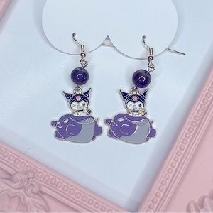 Kuromi and Baku Drop Earrings with Iridescent Purple Beads